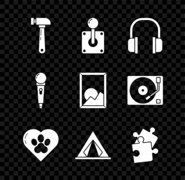 Set Hammer, Joystick for arcade machine, Headphones, Heart with animals footprint, Tourist tent, Piece of puzzle, Microphone and Picture landscape icon. Vector