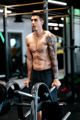 Fototapeta na wymiar athletic healthy fitness man doing triceps workout at gym