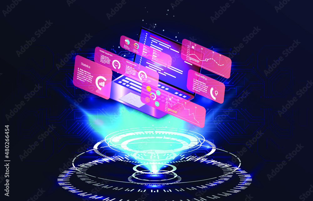 Poster dashboard application on laptop with business analytics data, charts. software development for diffe