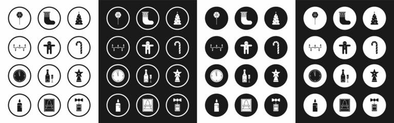 Set Christmas tree with decorations, Holiday gingerbread man cookie, lights, Lollipop, candy cane stripes, stocking, star and Clock icon. Vector