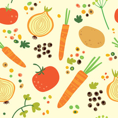 Seamless background with vegetables: Tomato, eggplant, carrot, onion, paprika, zucchini, chili.
