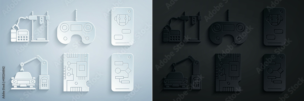 Poster set electronic computer components motherboard digital chip, bot, industrial machine robotic robot a