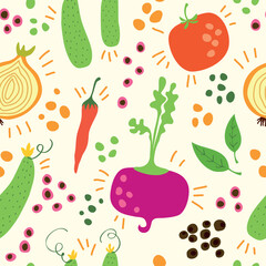 Seamless background with vegetables: Tomato, eggplant, carrot, onion, paprika, zucchini, chili.