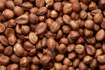 Shelled raw hazelnuts background closeup