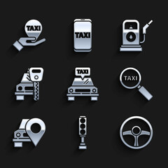 Set Taxi car, Traffic light, Steering wheel, Magnifying glass and taxi, Map pointer with, Car rental, Petrol or Gas station and Hand map icon. Vector