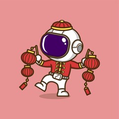 cute cartoon astronaut in chinese new year. vector illustration for mascot logo, or sticker
