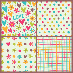 Set of seamless backgrounds with bright hearts, striped and plaid.