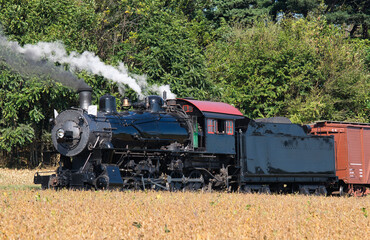 Fototapeta premium Restored Antique Steam Freight Train Passing Blowing Smoke and Lots of Steam