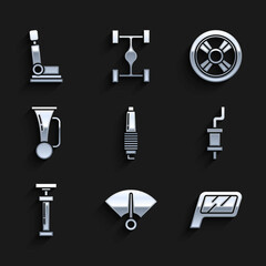 Set Car spark plug, Speedometer, mirror, muffler, , Signal horn on vehicle, wheel and seat icon. Vector