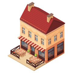 isometric building with restaurant and terrace, vector illustration