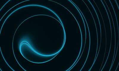 Fictional 3d representation of neon parallax, sound wave, audio radiance in glowing blue on dark background. Luminous elegant helix with multiple rings in deep dark space. Great for electronics. - 480267696