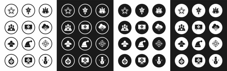 Set Merry Christmas ringing bell, on television, Santa Claus bag gift, Snowflake, Cloud with snow, star, and angel icon. Vector