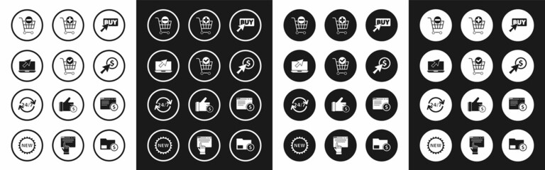 Set Buy button, Shopping cart with check mark, Laptop and cursor, Remove shopping, Cursor coin, Add, Online screen and Clock 24 hours icon. Vector