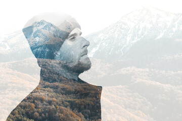 Double exposure of traveler man with beard against autumn mountains with snow.