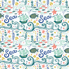 Seamless pattern in the concept of children's drawings. Seamless pattern with ships, fish, sun, clouds, sea and waves.