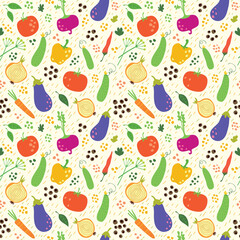 Seamless background with vegetables: Tomato, eggplant, carrot, onion, paprika, zucchini, chili.