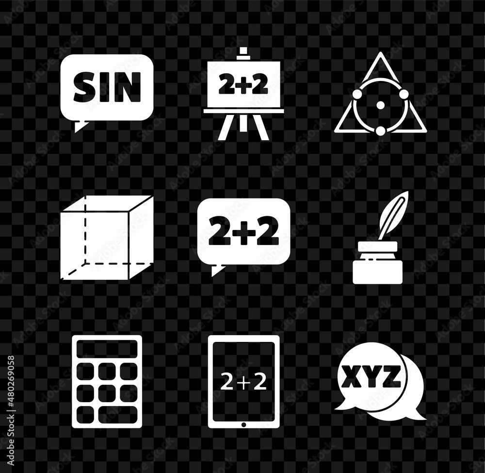 Poster set mathematics function sine, chalkboard, triangle math, calculator, tablet with calculator, xyz co