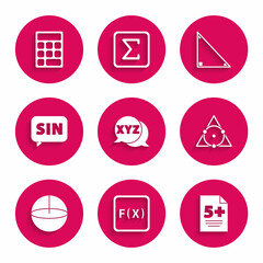 Set XYZ Coordinate system, Function mathematical symbol, Test exam sheet, Triangle, Geometric figure Sphere, Mathematics function sine, and Calculator icon. Vector