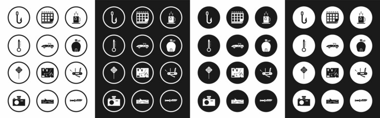 Set Cup of tea with tea bag, Car, Meteorology thermometer, Fishing hook, Canteen water bottle, Calendar, Swiss army knife and Parking icon. Vector