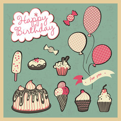 Happy birthday set. Balls, cake and sweets.
