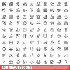 100 beauty icons set. Outline illustration of 100 beauty icons vector set isolated on white background