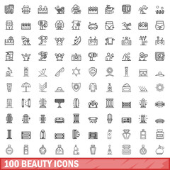 100 beauty icons set. Outline illustration of 100 beauty icons vector set isolated on white background