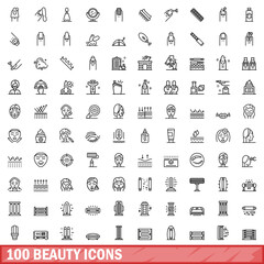 Fototapeta na wymiar 100 beauty icons set. Outline illustration of 100 beauty icons vector set isolated on white background