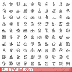 100 beauty icons set. Outline illustration of 100 beauty icons vector set isolated on white background