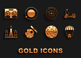 Set Satellites orbiting the planet Earth, Mars rover, Space capsule and parachute, Planet Venus, Rocket launch from spaceport, Black hole, Celestial map of night sky and icon. Vector