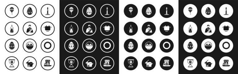 Set Burning candle in candlestick, Jesus Christ, Bottle of wine, Balloons with ribbon, Egg hot pot, Cracked egg, Sun and Easter icon. Vector