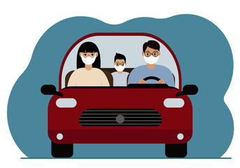 A man drives a red car next to a passenger and a small child in the back seat. Family in the car. Everyone is wearing medical masks.