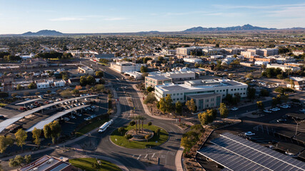 Sunset aerial view of the downtown cityscape of Yuma, Arizona, USA.