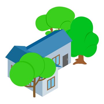 Outbuilding icon isometric vector. New outbuilding and green deciduous tree icon. Non residential building, rural architecture
