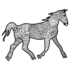 Animal symbol of the eastern horoscope horse with ornate patterns, meditative animalistic coloring page
