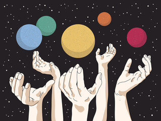 Raised human hands. Planets in space. Starry sky. Retro sci-fi poster © arvitalya