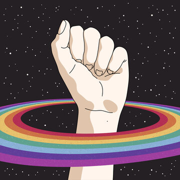 Fist up. Raised human hand. LGBT rights. Rainbow in space. Starry sky