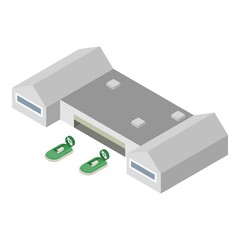 Hover craft icon isometric vector. Two modern green hovercraft near pavilion. Air cushion boat, hovercraft, water sport
