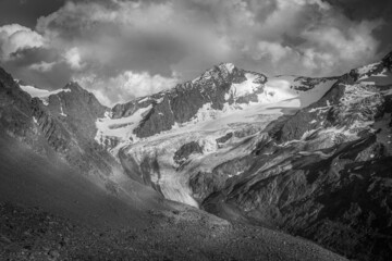 Vallelunga glacier black and white panorama, Vallelunga, Alto Adige - Sudtirol, Italy. Popular mountain for climbers