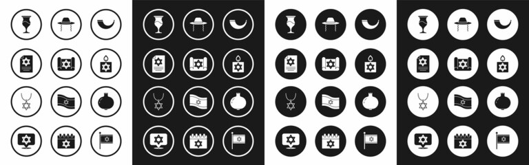Set Traditional ram horn, shofar, Torah scroll, Jewish goblet, Burning candle, Orthodox jewish hat, Pomegranate and Star David necklace chain icon. Vector
