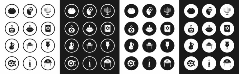 Set Hanukkah menorah, dreidel, Burning candle, Jewish sweet bakery, torah book, Orthodox jewish hat, goblet and Bottle of olive oil icon. Vector