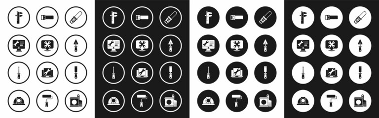 Set Chainsaw, Location with wrench, Computer monitor service, Calliper caliper and scale, Trowel, Hand, Rasp metal file and Screwdriver icon. Vector