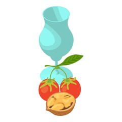 Detox drink icon isometric vector. Stemmed glass, red goji berry and walnut half. Organic superfood, health and diet