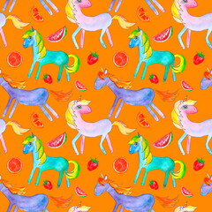 Seamless pattern of watercolor illustrations: unicorns of purple, turquoise, pink color with pieces of fruit