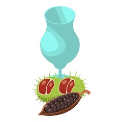 Healthy product icon isometric vector. Glass goblet, cocoa pod and chestnut icon. Natural ingredient, beautiful composition, still life