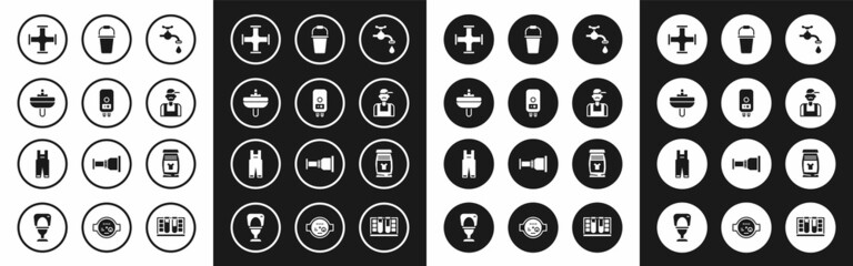Set Water tap, Electric boiler, Washbasin, Industry metallic pipe, Plumber, Bucket, Laundry detergent and Work overalls icon. Vector