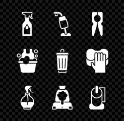 Set Cleaning spray bottle, Vacuum cleaner, Clothes pin, Water, lady service, Toilet paper roll, Basin with soap suds and Trash can icon. Vector