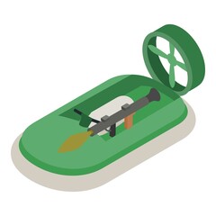 Hovercraft icon isometric vector. Military hovercraft with grenade launcher icon. Modern green military rescue boat, water transport, portable rocket launcher, anti tank rocket grenade gun - obrazy, fototapety, plakaty