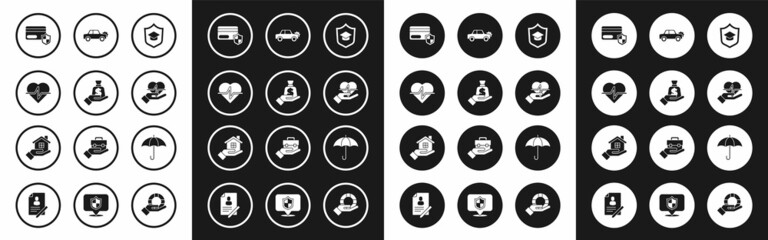 Set Graduation cap with shield, Money in hand, Life insurance, Credit card, Car, Umbrella and House icon. Vector