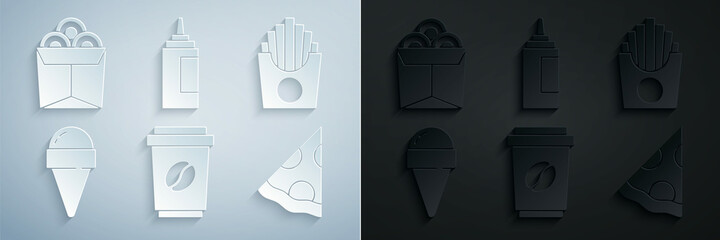 Set Coffee cup to go, Potatoes french fries in box, Ice cream waffle cone, Slice pizza, Sauce bottle and Noodles icon. Vector