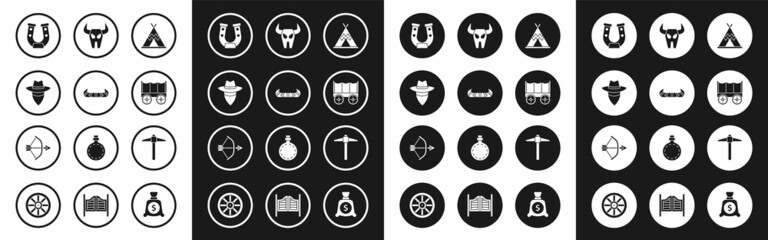 Set Indian teepee or wigwam, Kayak canoe and paddle, Cowboy, Horseshoe, Wild west covered wagon, Buffalo skull, Pickaxe and Bow arrow in quiver icon. Vector